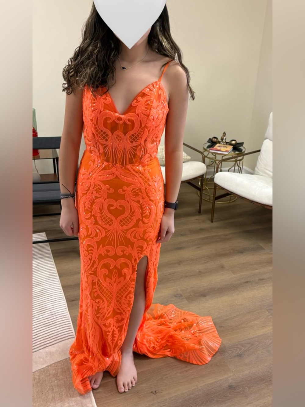 Orange beaded Lace Spaghetti Strap Prom Dress with Front Slit nwt size 6 - Picture 3 of 6